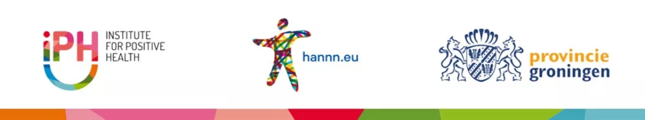 Logobalk project Positieve Gezondheid in de Provincie Groningen met de volgende logo's: Institute for Positive Health, HANNN en de Provincie Groningen