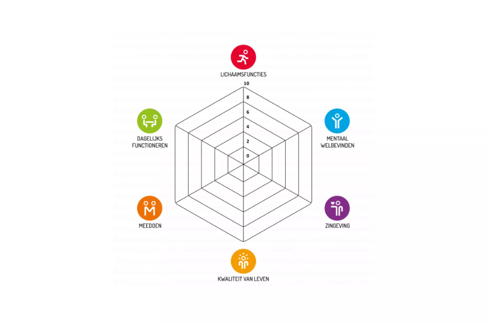 Het spinnenweb van Positieve Gezondheid met de 6 pijlers: Lichaamsfuncties, Mentaal Welbevinden, Zingeving, Kwaliteit van Leven, Meedoen en Dagelijks Functioneren.